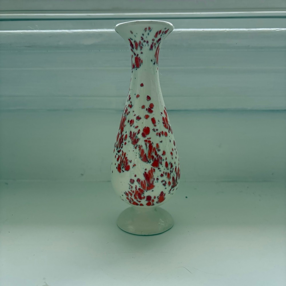 Vintage Red Splatter Milk Glass Bud Vase White Confetti Pedestal Quiet Luxury